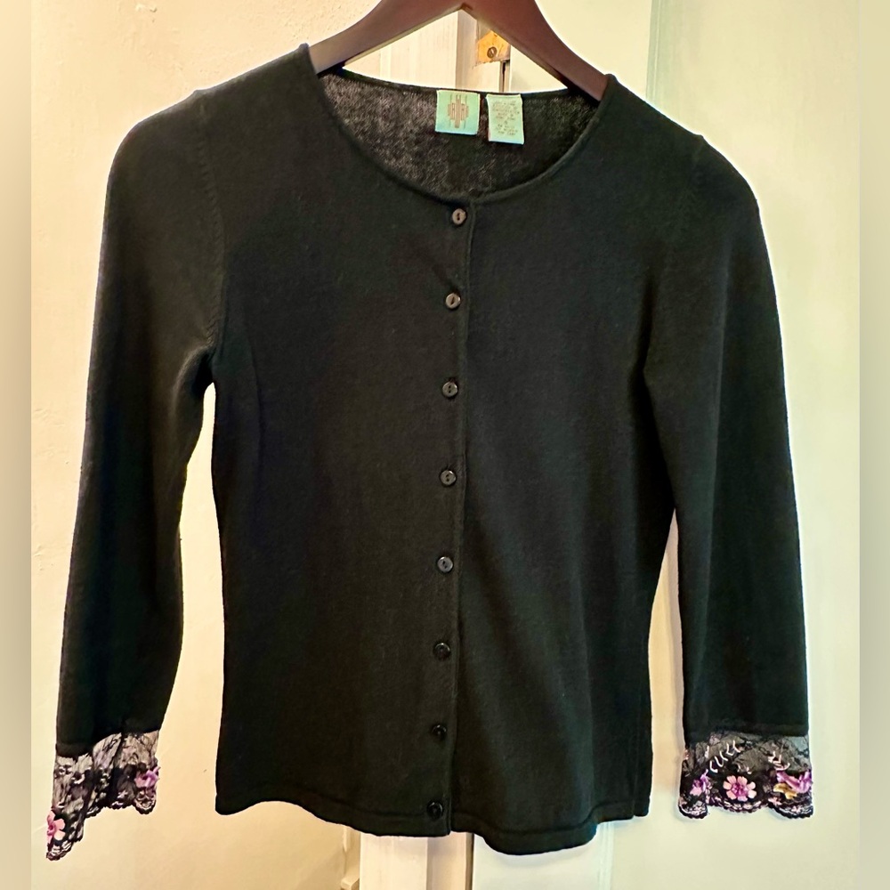 Vintage Anthropologie Black Cardigan with Lace Cuffs